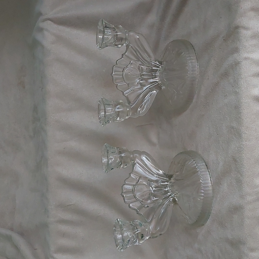 Pair Iris & Herringbone clear depression glass candle stick holders